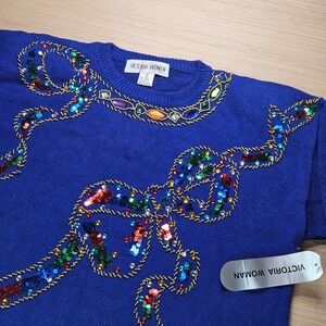 Victoria Woman Royal Blue Embellished Bow Sequin Gem Knit Sweater Size 1X NEW